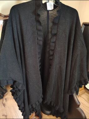Studio Black Ruffled Open-Front Poncho Sweater